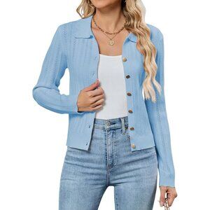 Cropped Sweater Womens Knit Lightweight Button Collared Long Sleeve Fall Outfit